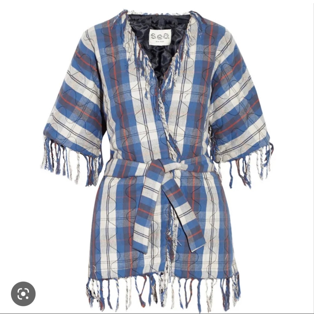Sea New York Plaid Quilted and Fringe Kimono